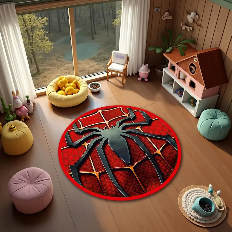 Round Rug, Children Room Carpet with Spider Web Design, Non-Slip Cartoon Fan Mat for Playroom Bedroom Decor