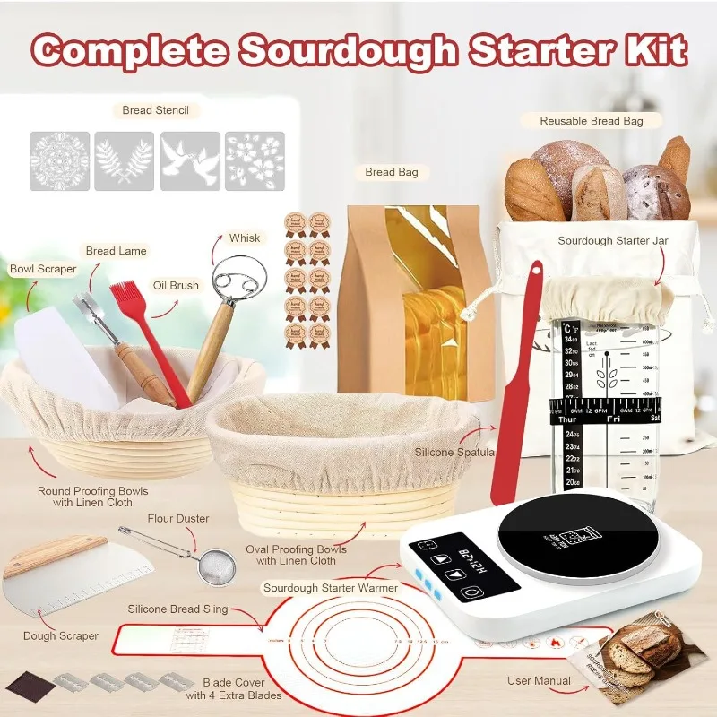 34Pcs Bread Proofing Basket Baking Set Glass Jar Scraper Tools European Style Fermentation Tool Kit for Bakery Home Baking