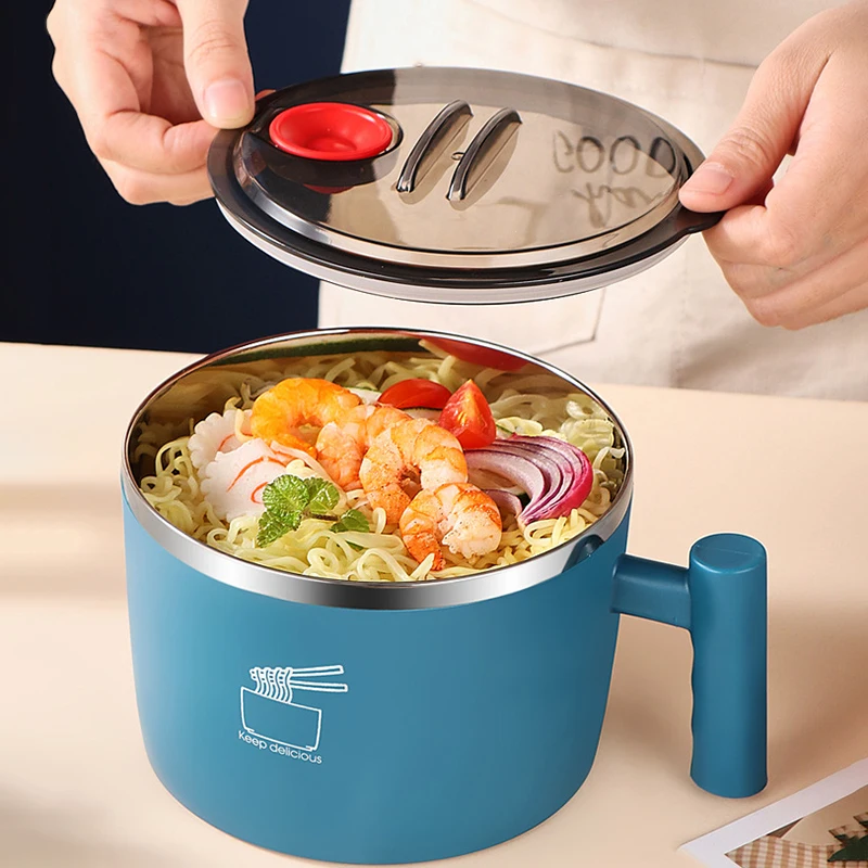 1000/1200ML Cute 304 Stainless Steel Ramen Bowl with Lid Instant Noodle Bowl with Handle Soup Kawaii Cereal Anti-Scald