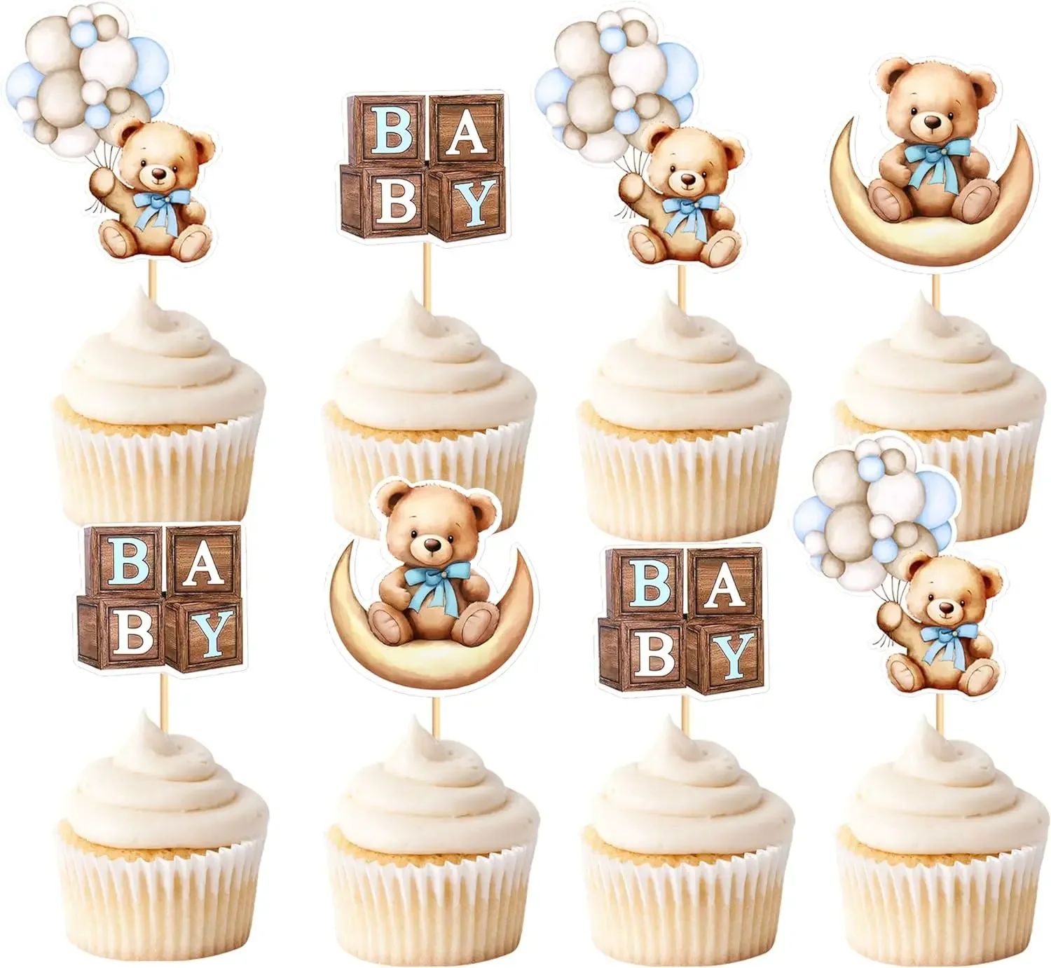 24 stks Baby Beer Cupcake Toppers Maan Beer Cupcake Picks voor Baby Douche Geslacht Onthullen Jongens Meisjes Verjaardagsfeestje Taart Decoraties