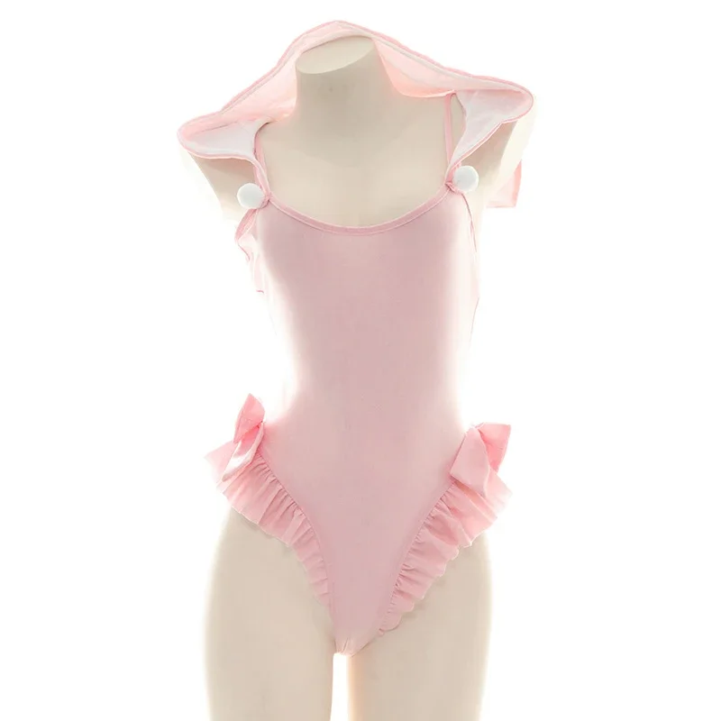 Cute Cat Ears Bodysuit Cosplay Swimsuit Lolita Girl Sweet Pink Ruffle One-piece Swimwear Backless Neko Hooded Lingerie Drop Ship