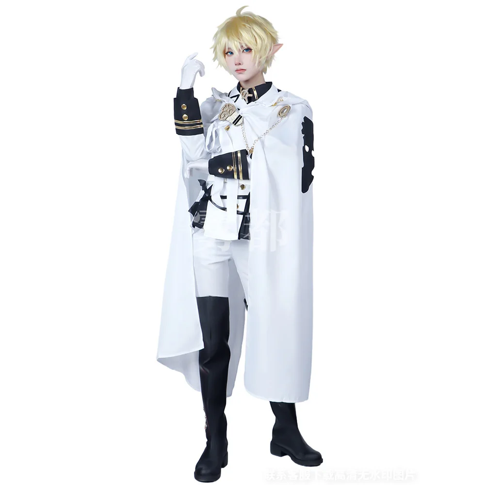 Mikaela Hyakuya Cosplay Anime Seraph Of The End Cosplay Costume Halloween White Cloak Trench Coat Pants Gloves Wig Uniform Play