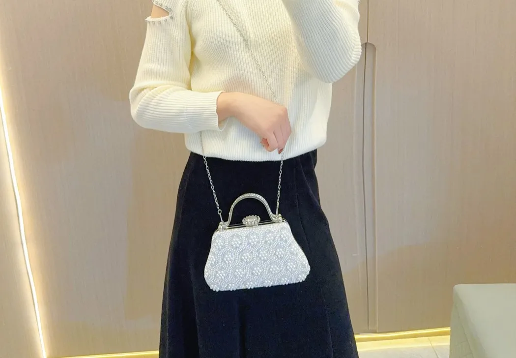 White Beading Tote Bag for Women Elegant Clutch Purse Black Pearl Handbag Wedding Party Prom Bag Vintage Crossbody Bag