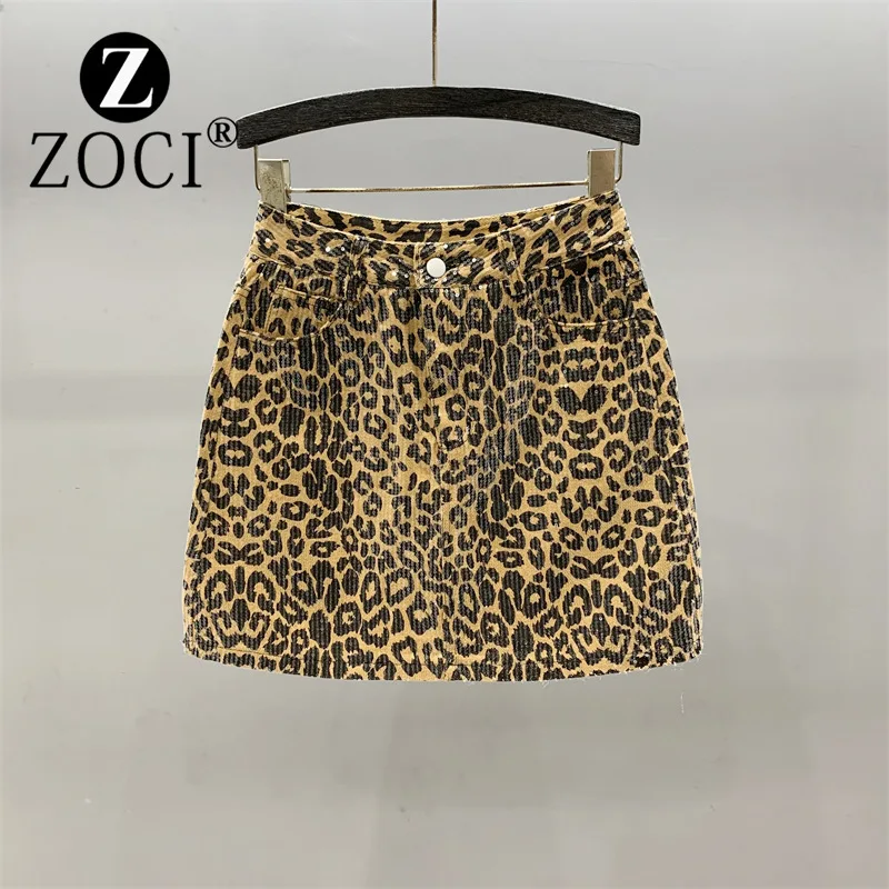 [ZOCI] Western Leopard Print Girl Style Denim Skirt Women Summer New Versatile A-line Hip Hugging Short