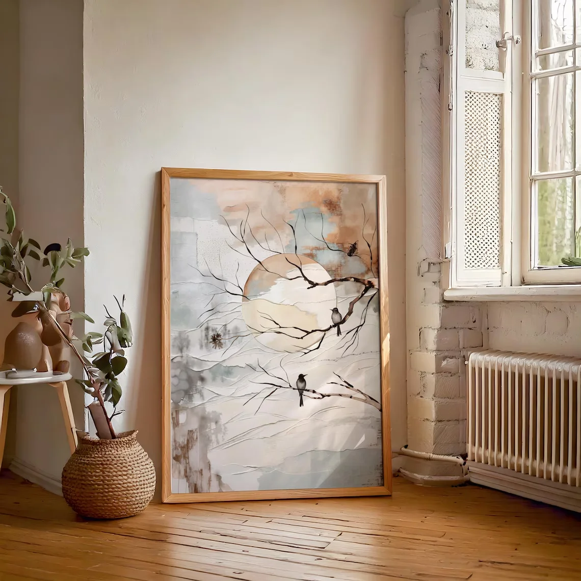 Serene Mixed-Media Nature Wall Print Decor - Textured Collage-Style Painting of a Glowing Sun/Moon Behind Bare Tree Branches, Wi view 4