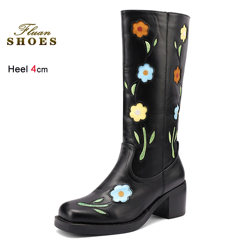 

Осень-зима, черные женские рыцарские сапоги с цветочным принтом, ботинки до середины икры с квадратным носком и боковой молнией, женская обувь с принтом на массивном среднем каблуке 4 см
