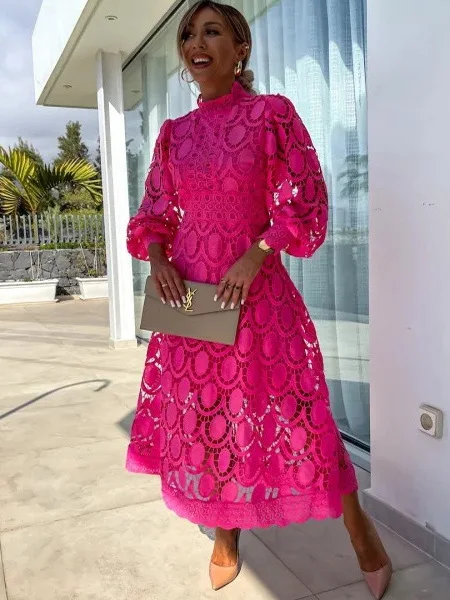 Sexy Lace Standup Collar Cutout Dr Street Sle Splice Midi Long Sve Polyester Summer Faion A-Line Gown without Brand