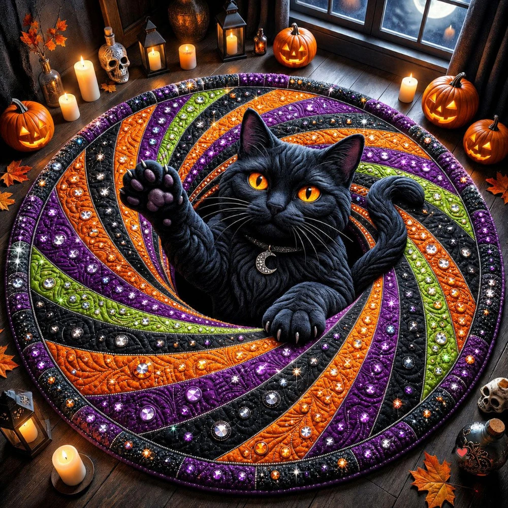 Horror Gothic Black Cat Entryway 3D Vortex Carpet Pumpkin Witch Hat Pattern Circular Mat Cozy Living Room Bedroom Rug