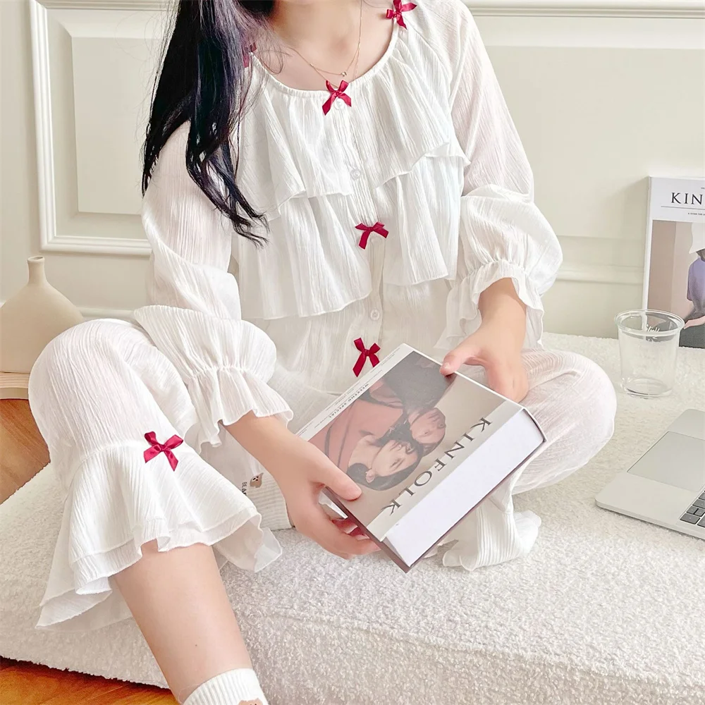 Swee Cute Cotton Pajamas Set Sleepwear Women Retro Palace Style Princess Pijamas Suit Loose White Ruffle Home Wear Loungewear