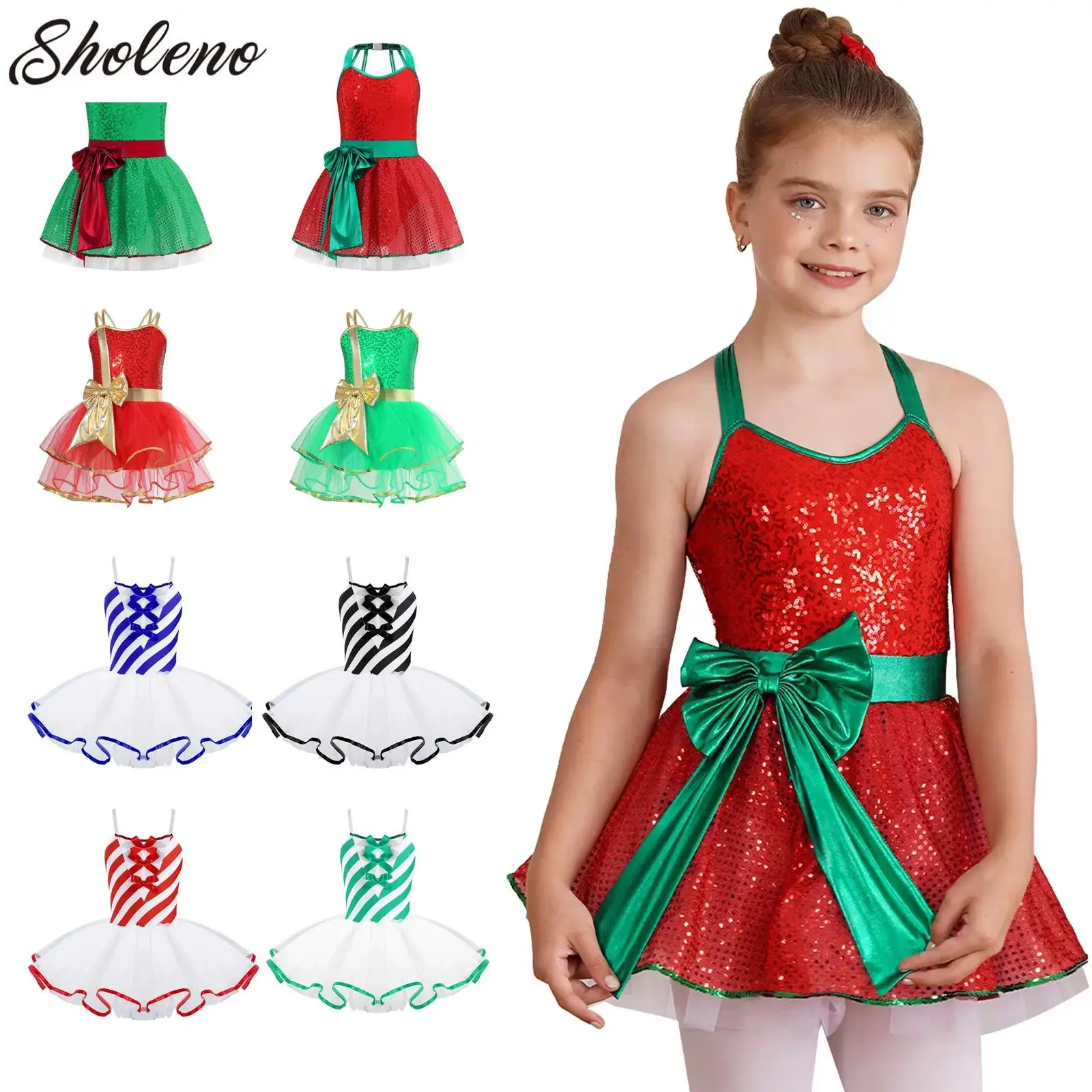 Little Girls Candy Cane Striped Sequins Ballet Tutu Dance Dress Bowknot Adorned Stripe Christmas Elf Princess Party Costume