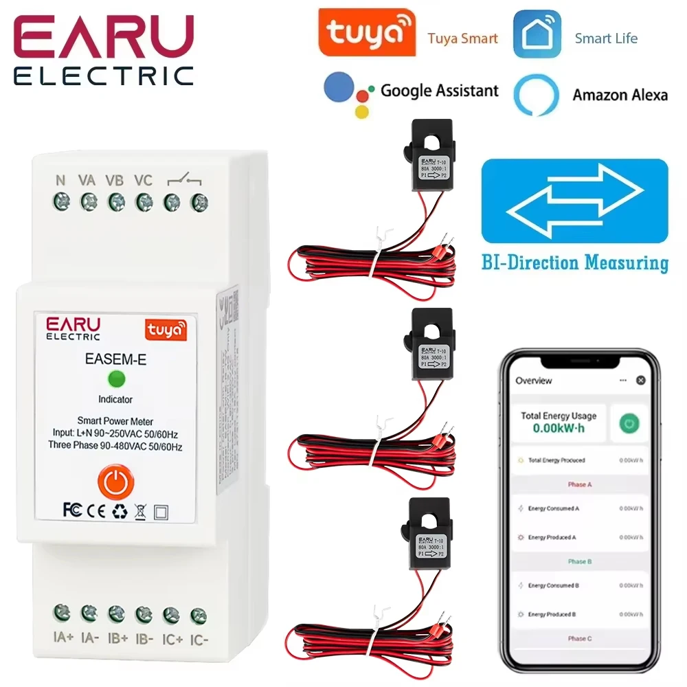 Tuya WiFi Smart Three Phase AC90-480V Bi-Directional Measurement Power Energy kWh Meter Monitor with 3Pcs CT Clamps Switch Relay