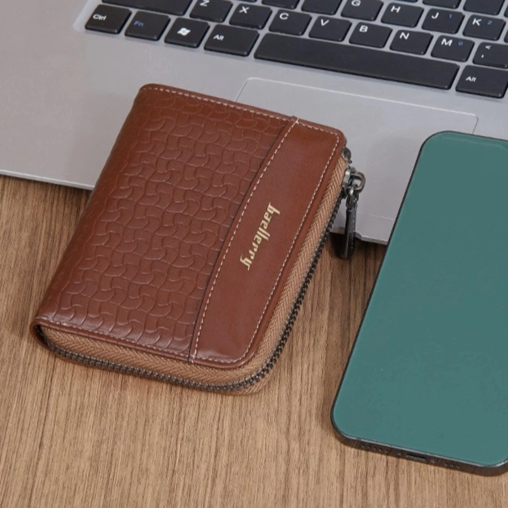 Leather Men's Short Wallet English Letter Urban Recreational Style Anti-theft Cash Bag Credit Card Case Zipper Card Bag