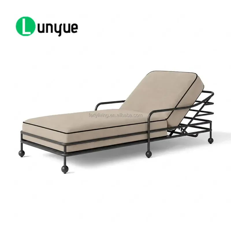 Modern Upholstered Outdoor Lounge Chair Black Aluminum Frame Reclining Patio Garden Furniture Durable Comfortable Weather