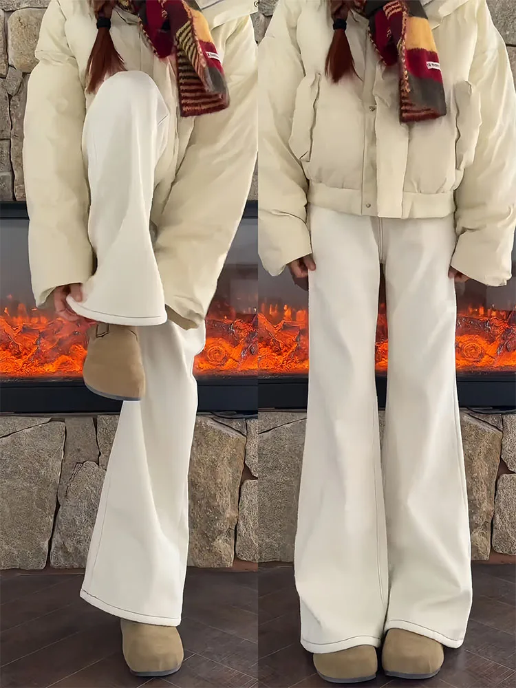 

Женские зимние джинсы-клеш с начесом, на высокой талии, из смесового хлопка, повседневные, свободного кроя, прямые брюки