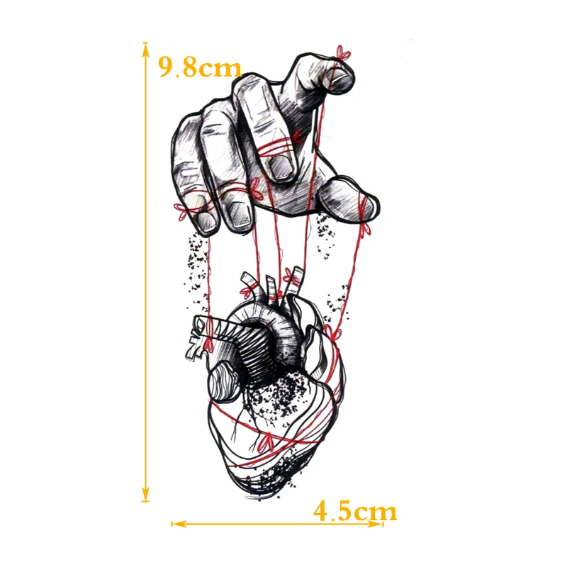 Mind And Hand In Accord Waterproof Temporary Tattoos Men Hand To Heart Tattoo Art Flash Fake Tattoo Stickers Henna Tatoo Sleeves