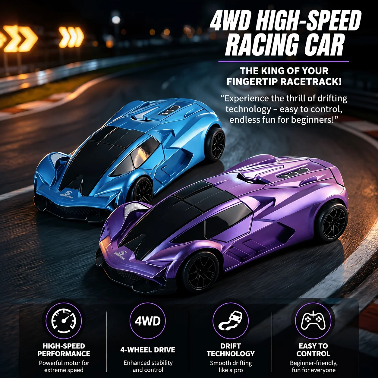 4WD Drift RC Car with LED Light Replaceable Tires, 2.4GHz High Speed Remote Control Racing Car Toy Gift for Kids Boys