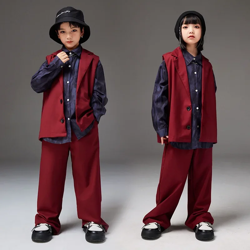 Boys Kpop Stage Outfit Jazz Dance Costumes Red Vest Tie-dye Print Shirt Loose Pant Set Girls Hip Hop Dancing Performance Clothes