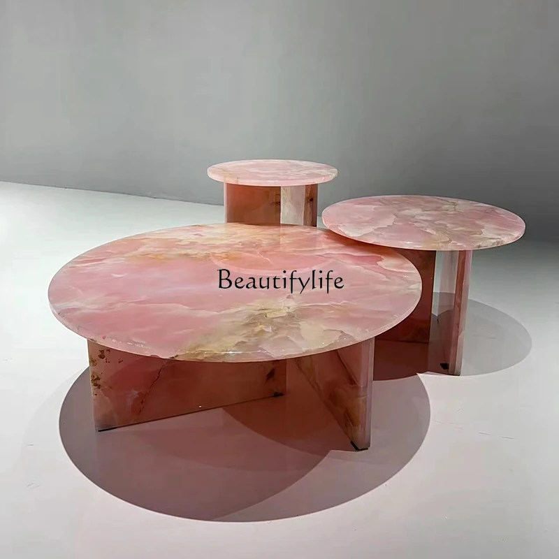 Imported pink crystal natural marble coffee table, blue crystal corner table