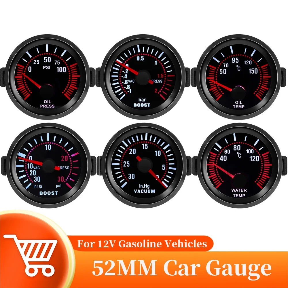 

Universal Car 52mm Smoke Len Tachometer RPM Turbo Boost Gauge Bar Vacuum Water Temp Meter Oil Pressure Gauge For 12V Gasoline