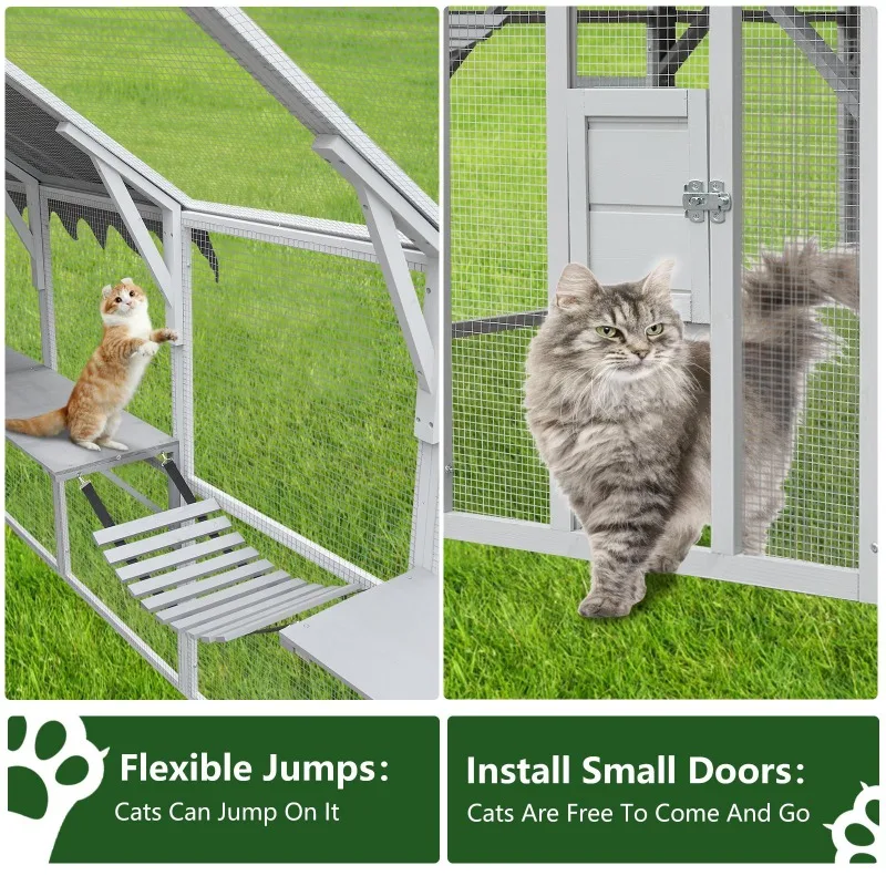 

110 Inch Outdoor Cat House x Waterproof Cover Grey White Large Cat Enclosure Playpen With Platforms Bridge For Multi Cat Safety
