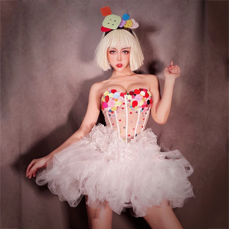 Christmas Gogo Costume Nightclub Bar DS Stage Rave Outfit Sexy Lace Puff Sleeves Button Tutu Dress Pole Dance Clothing XS3323