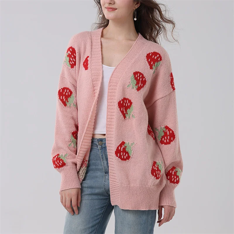 Dourbesty Women Knitted Cardigans Strawberry Long Sleeve Loose Casual Sweaters Open Stitch V-neck Female Jumpers 2024 Streetwear