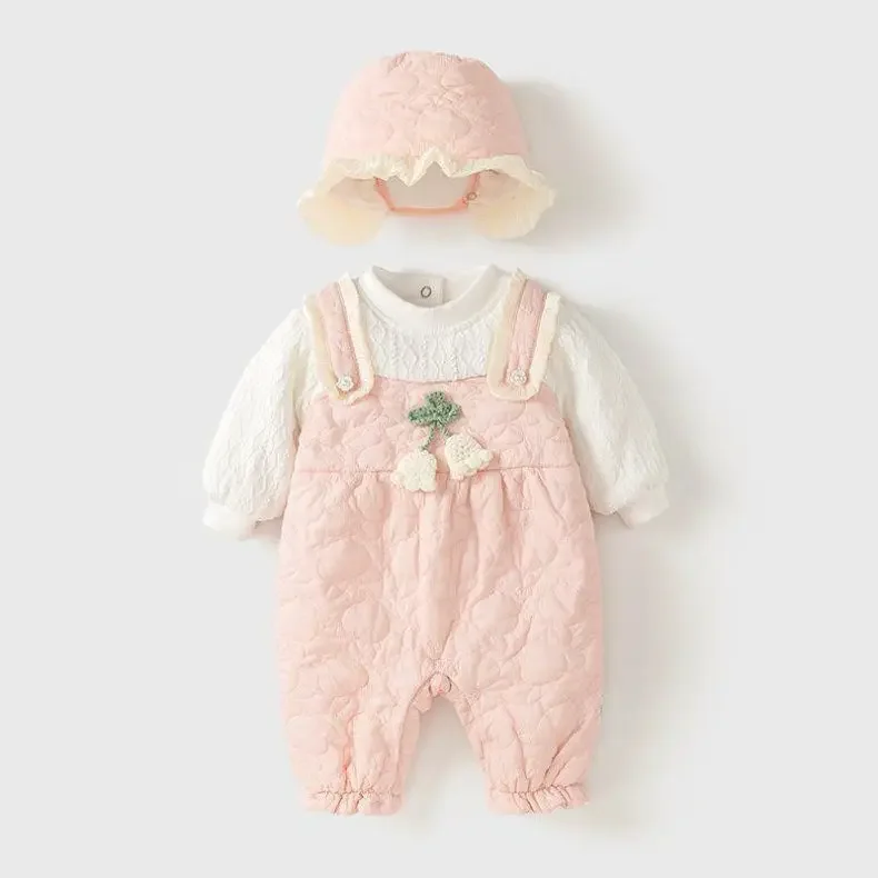 

2024 Cute Flowers Overalls+hat Baby Girls Romper Jumpsuits Winter Thick Warm Onesie Cartoon Bodysuit Soft Kids Birthday Clothes