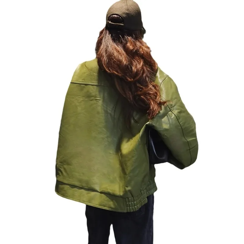 Women's Clothing Autumn Winter Leather Jacket Fast Selling Hot Items Individuality Turn-down Collar Green Leather Jacket Coat