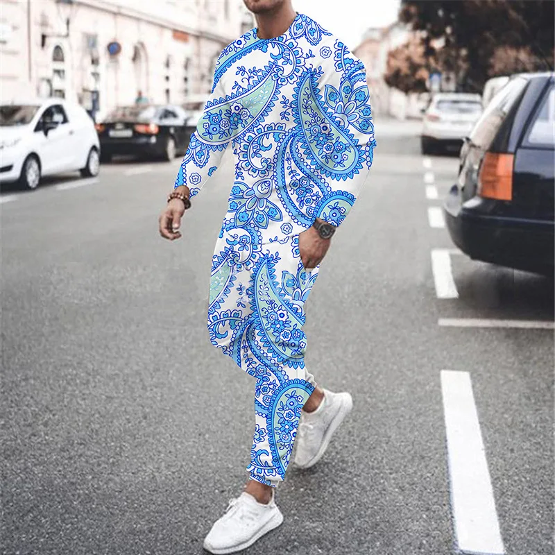 Colorful Graffiti 3D Print Men's Sportswear Set Casual Long-Sleeved T Shirt Pants 2-Piece Set Oversized Pullover Men Clothing