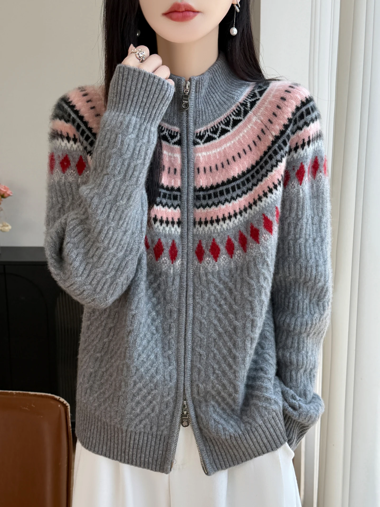 Women 100% Wool Cardigan Thick Fair Isle Jacquard Knit Sweater Long Sleeve Vintage Retro Knitwear Coat Autumn Winter Outerwear