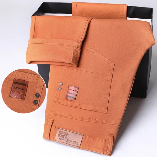 Imagen 2 del producto Pantalones vaqueros ajustados elásticos fucsia para hombre, cómodos pantalones rectos informales de negocios, moda coreana, pantalones vaqueros de Color sólido