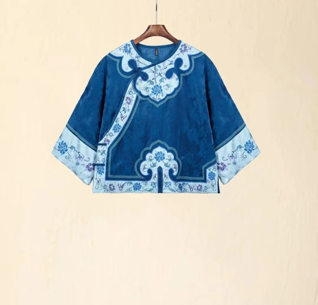 Chinese style Women top Blue silk cotton Spring coat Vintage embroidery Three Quarter loose blouse Youthful woman clothes