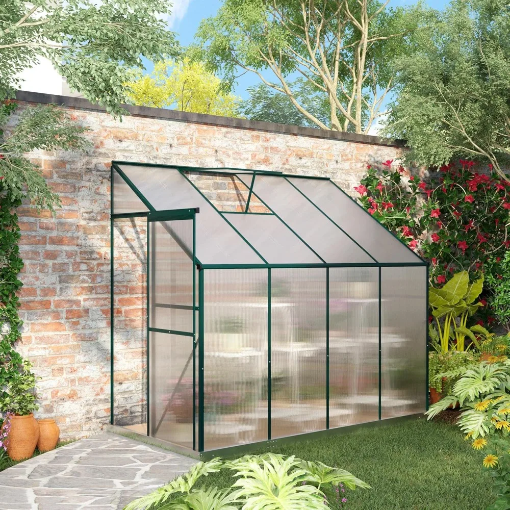 Walk-in Lean-to Polycarbonate Hot House Kit with Aluminum Frame, Sliding Door, Roof Vent, Green