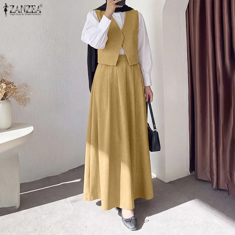 ZANZEA Muslim Women Long Dresses Sets Solid V Collar Sleeveless Tank Tops Long Robes 2026 Casual Loose Pleated Matching Sets