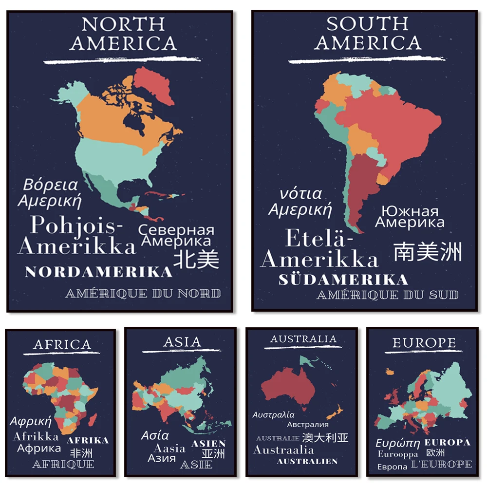 South America, North America, Europe, Australia, Asia, Africa, continents map posters, languages, decorative gifts,