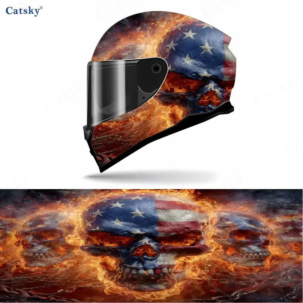 Adesivo de Capacete Integral com Elementos da Bandeira Americana e Caveira em Chamas, Material PVC Durável, Padrão Estético Artístico para Motociclism
