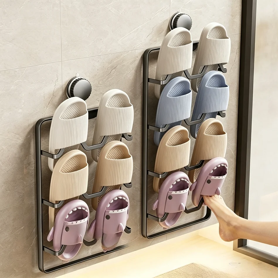 2/3/4 Tier Carbon Steel Suction Cup Slipper Organizer, Punch-Free Wall Mount Behind Door Shoe Storage Holder, Space Saving Bathr