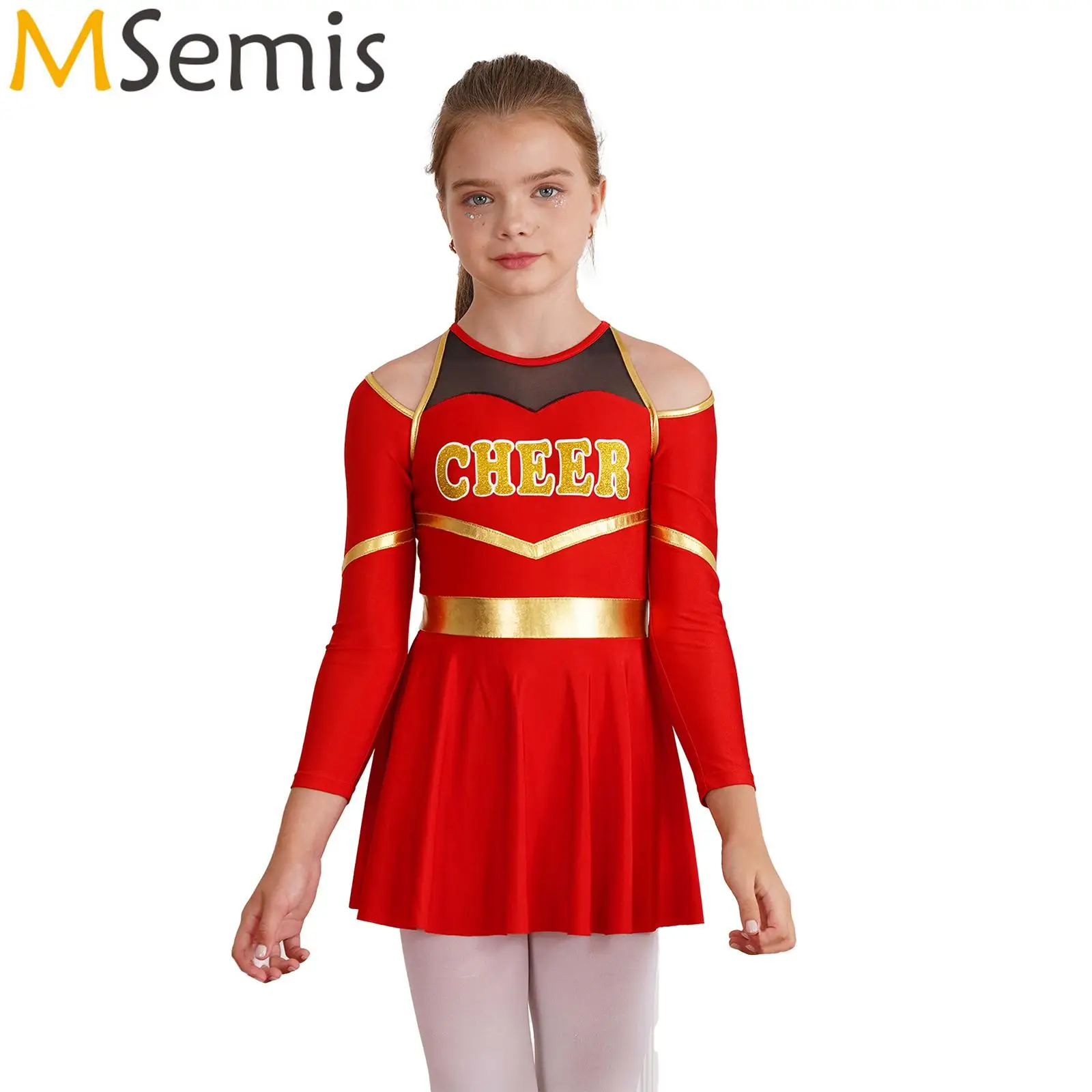 Kids Girls Cheerleading Uniform Dance Outfits Letter Print Cold Long Sleeve Leotard Dress Cheerleader Halloween Roleplay Costume