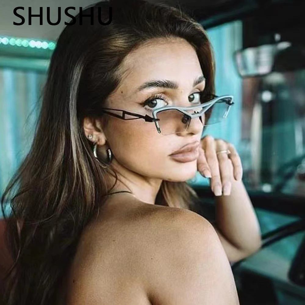 

2023 Fashion Cat Eye Half Frame Metal Glasses Gradual Change Ocean Piece Anti UV Thin Glasses For Women