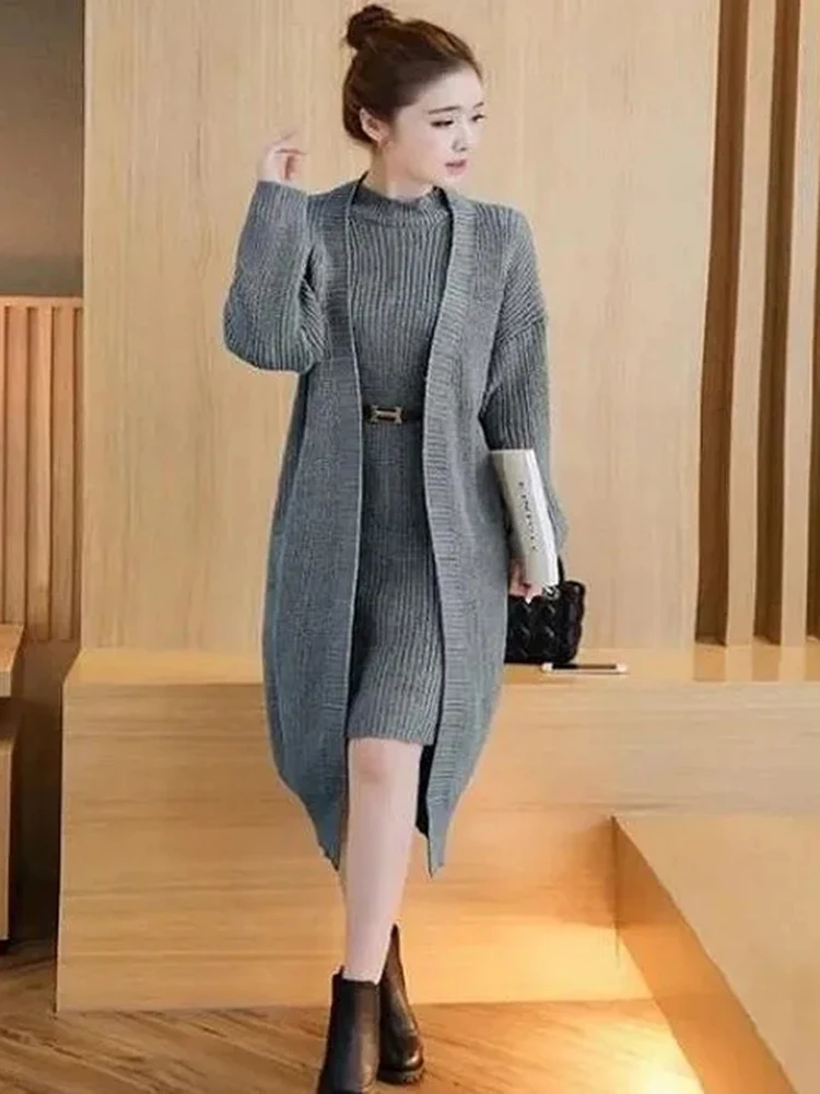 Elegant Vintage Knitwear Dress 2 Piece Set Luxury Sleeveless Midi Suster Dresses Conjunto Korean Chic Long Jacket Ensembles New