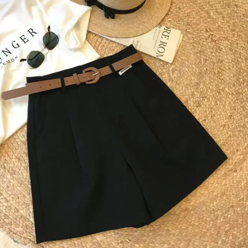 New Chic Fashion Office Lady's With Belt Elegant Shorts Women's Straight Leg Shorts Korean Matching Basic Female Wide Leg Shorts