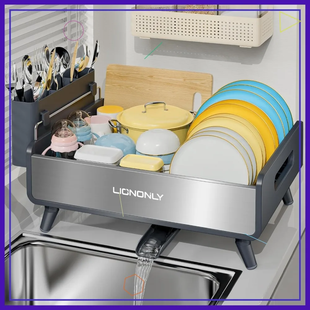 

Премиальная сушилка для посуды из алюминия и нержавеющей стали с автоматическим сливом, держателем для столовых приборов, серая