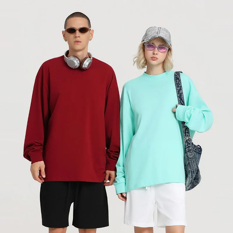 Custom Logo Autumn Unisex 100% Cotton Round Neck Long Sleeve Tops Drop Shoulder Loose Shirts For Daily Wear And Outdoor Trip
