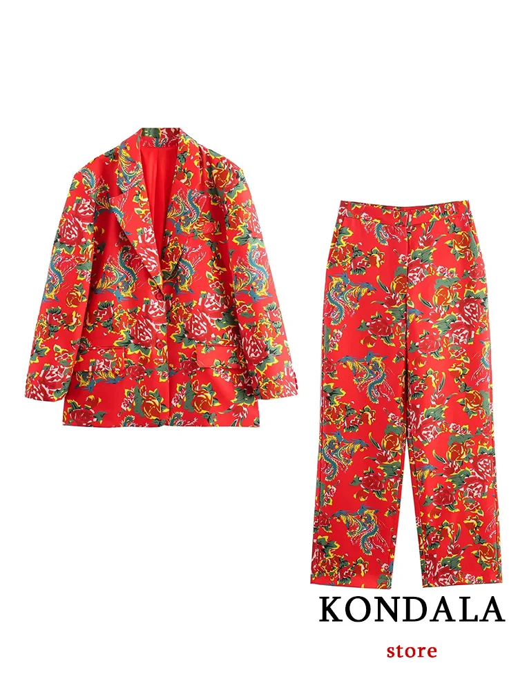 Kondala Vintage Rode Bloemenprint Damespak V-Hals Zakken Blazer Rechte Losse Broek Nieuwe Mode 2024 Vintage Damespakken