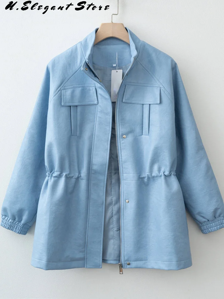 秋冬PUレザージャケット レディース 無地 長袖 ウエストゴム調節可能 コート 2025年新作 レディースファッション カジュアルアウター