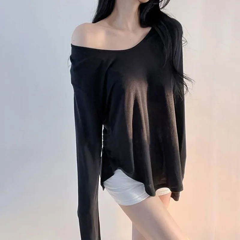 Xpqbb Black White Loose Sunscreen Shirt Women Sexy V-neck See Through Long Sleeve T Shirt Casual Simple Breathable Pullovers