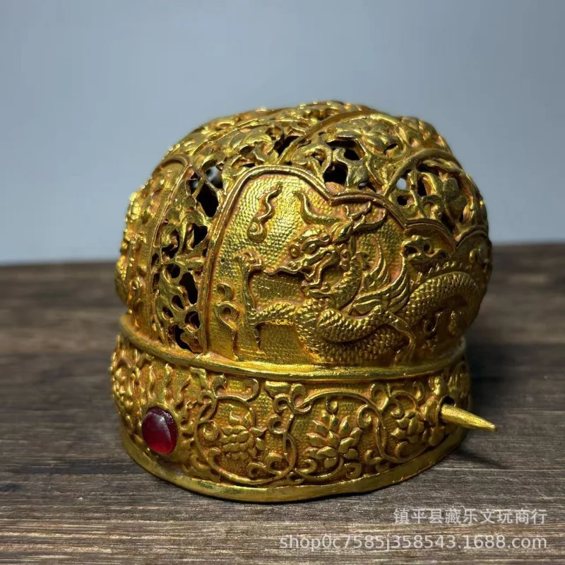 Antique Bronze Gilt , Double Dragon Hairpin, Ornamental Crown with Grape Vine Pattern, Carved Official's Hat