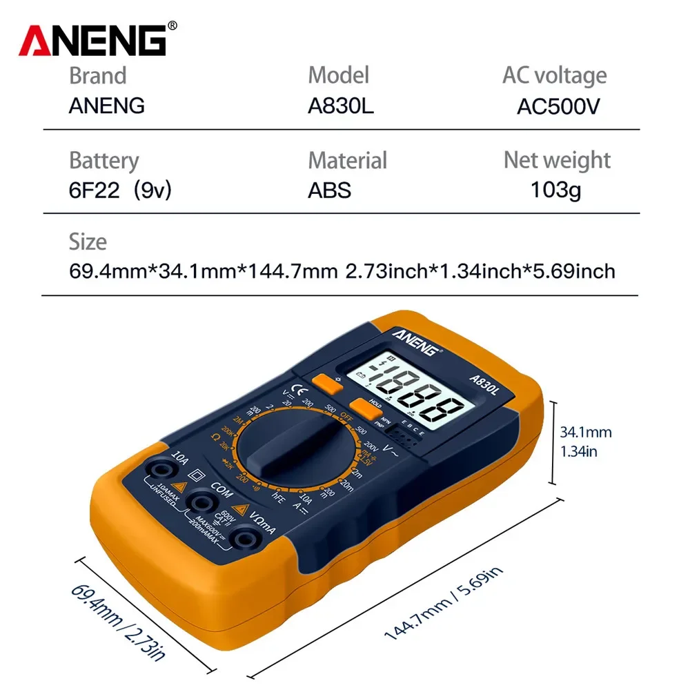 ANENG A830L LCD 디지털 멀티미터, AC DC 전압 다이오드 주파수 멀티테스터, 전류 테스터, 부저 포함 발광 디스플레이