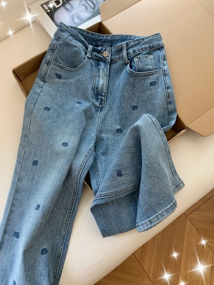 

Rose Embroidery Rhinestone Design Straight Leg Denim Jeans Women's Spring Popular New Narrow Version Wide Leg Pants Long Trou...