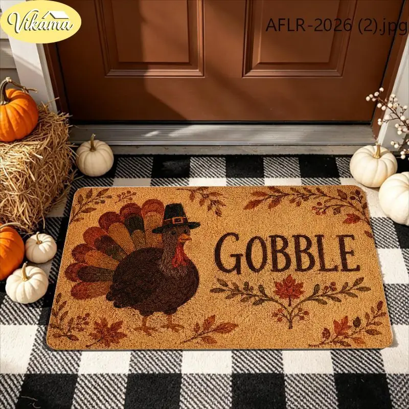 VIKAMA Thanksgiving Doormat Soft Turkey Pilgrim Hat Gobble Fall Leaves Cork Look Non Slip Washable Front Door Mat Rug Home Decor